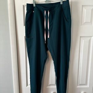 Figs Women’s  Dark Teal Jogger Scrubs with Pink Drawstring